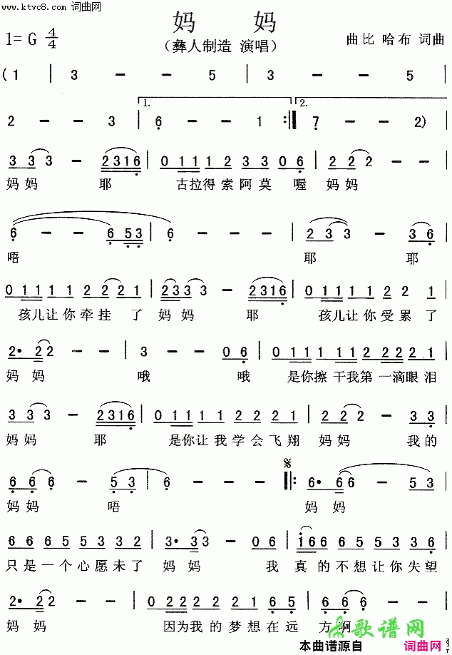妈妈彝人制造简谱_彝人制造演唱_曲比哈布/曲比哈布词曲