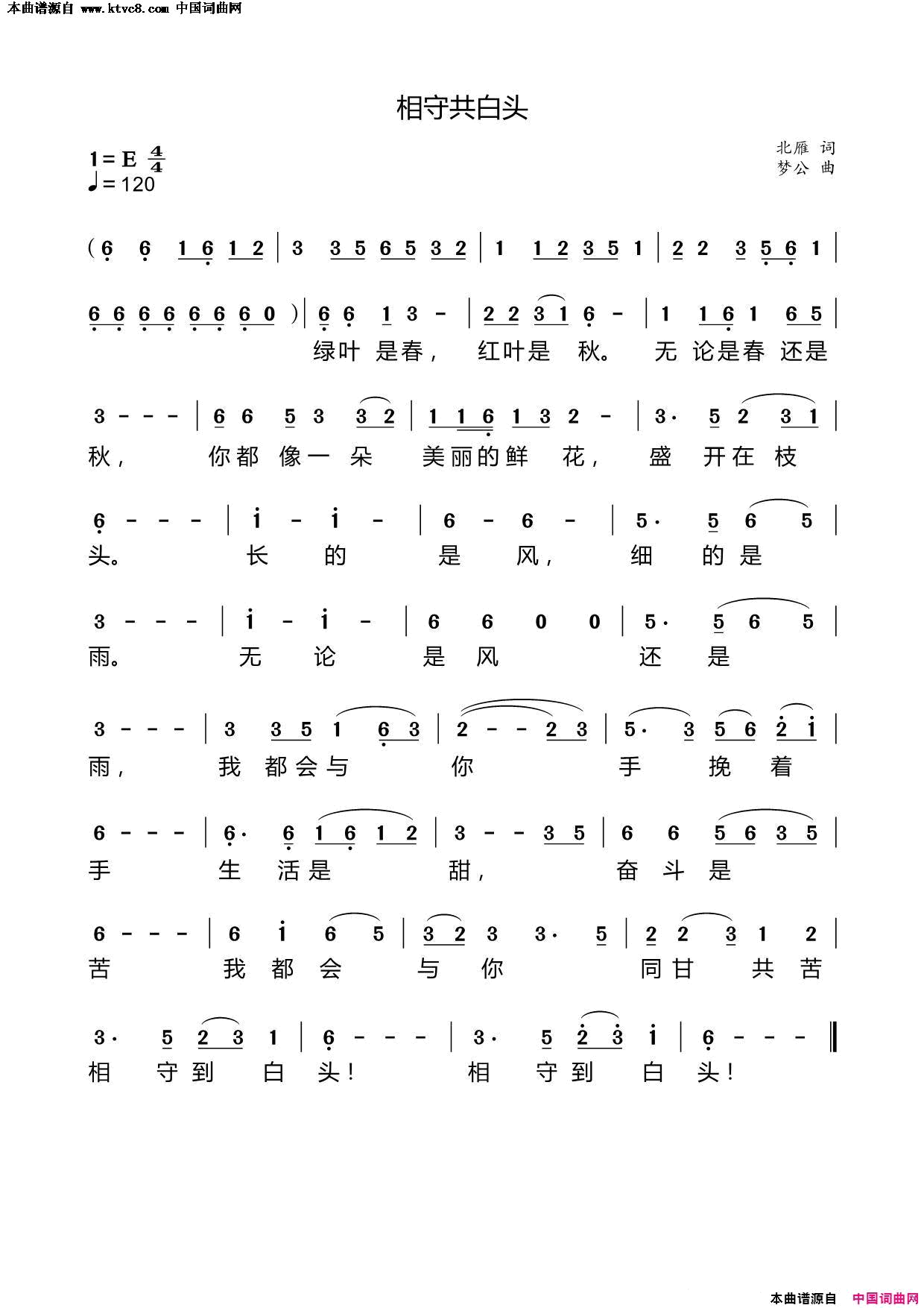 相守到白头简谱