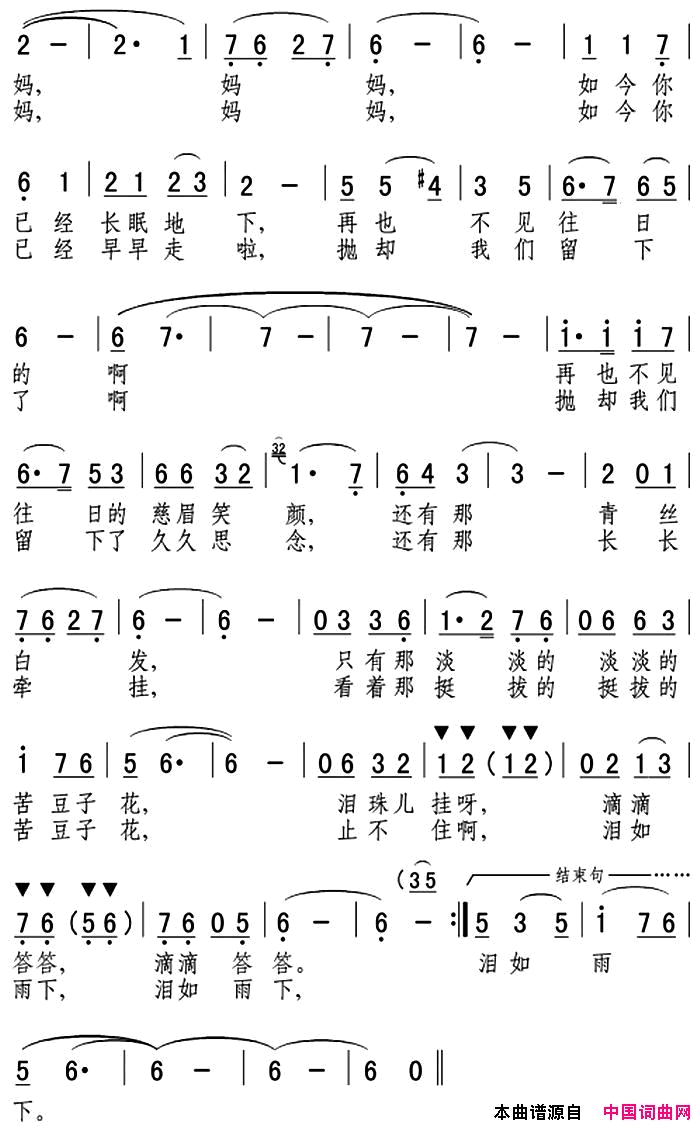 妈妈，苦豆子花简谱