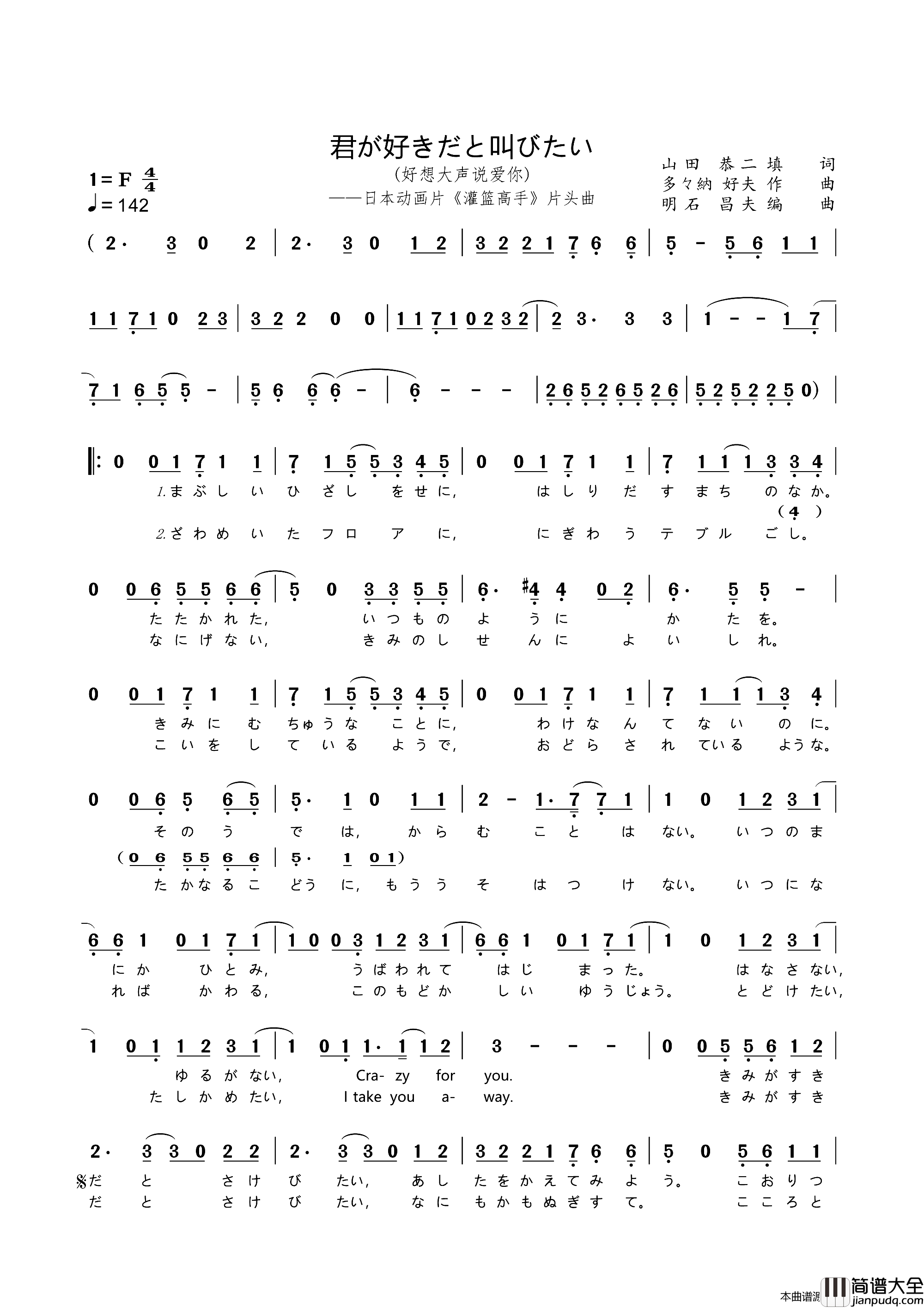[日]君が好きだと叫びたい想大声说喜欢你日本动画片_灌篮高手_片头曲简谱