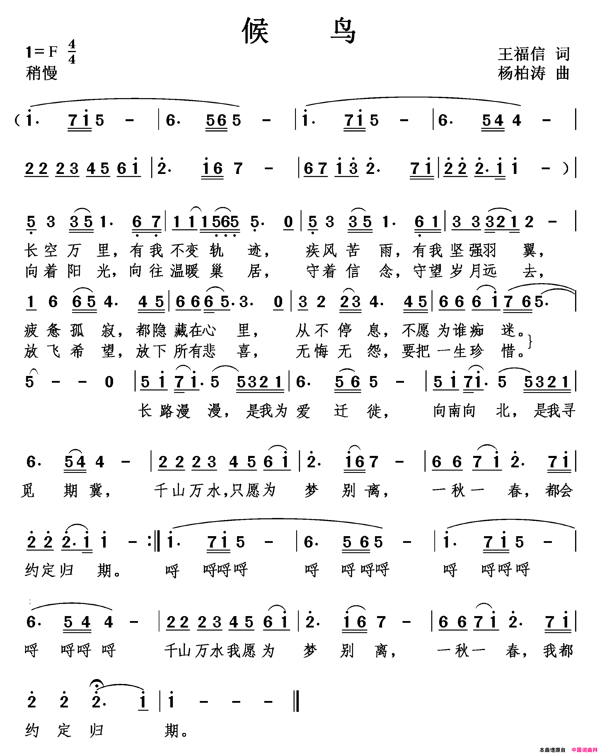 候鸟简谱