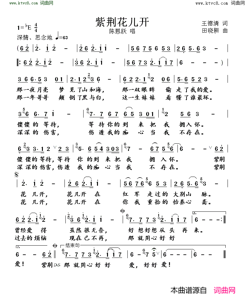 紫荆花儿开简谱_陈恩跃演唱_王德强/田晓耕词曲