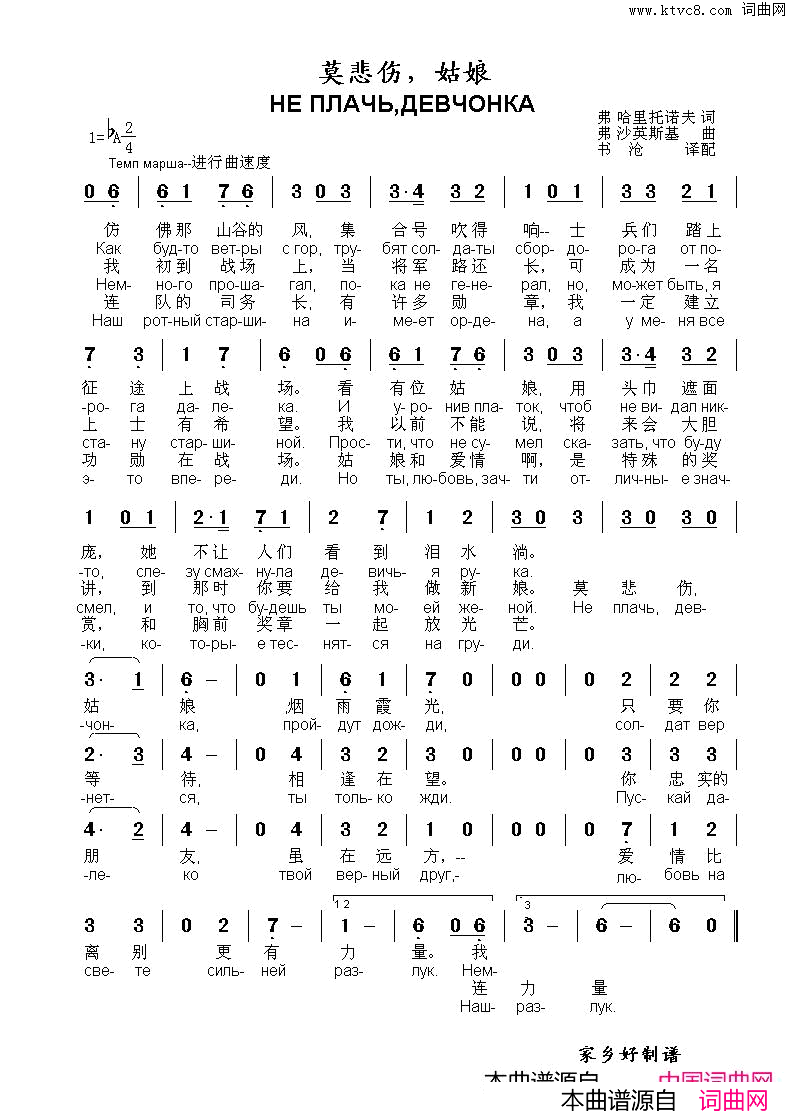 莫悲伤，姑娘НЕПЛАЧЬДЕВЧОНКА简谱_爱德华希利演唱_弗·哈里托诺夫/弗·沙英斯基词曲
