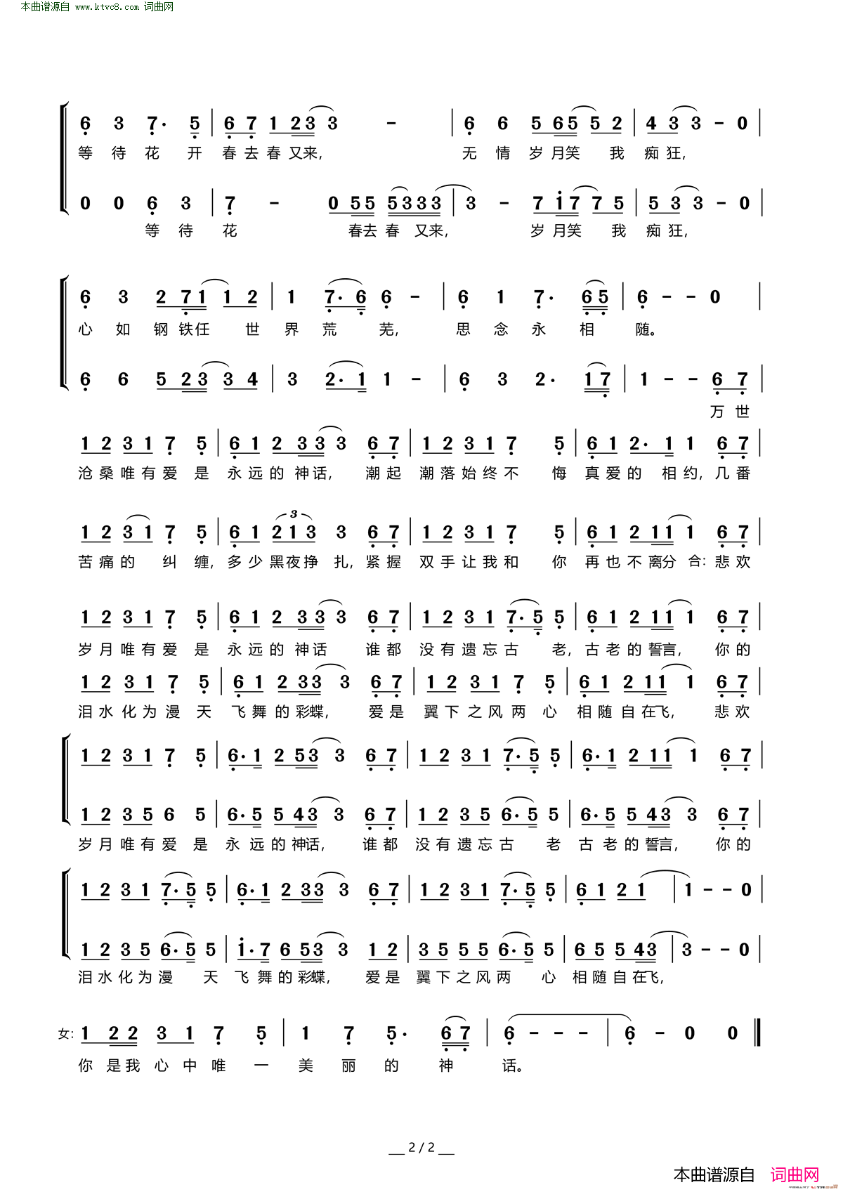 美丽的神话简谱_孙楠演唱_王中信/崔俊容词曲