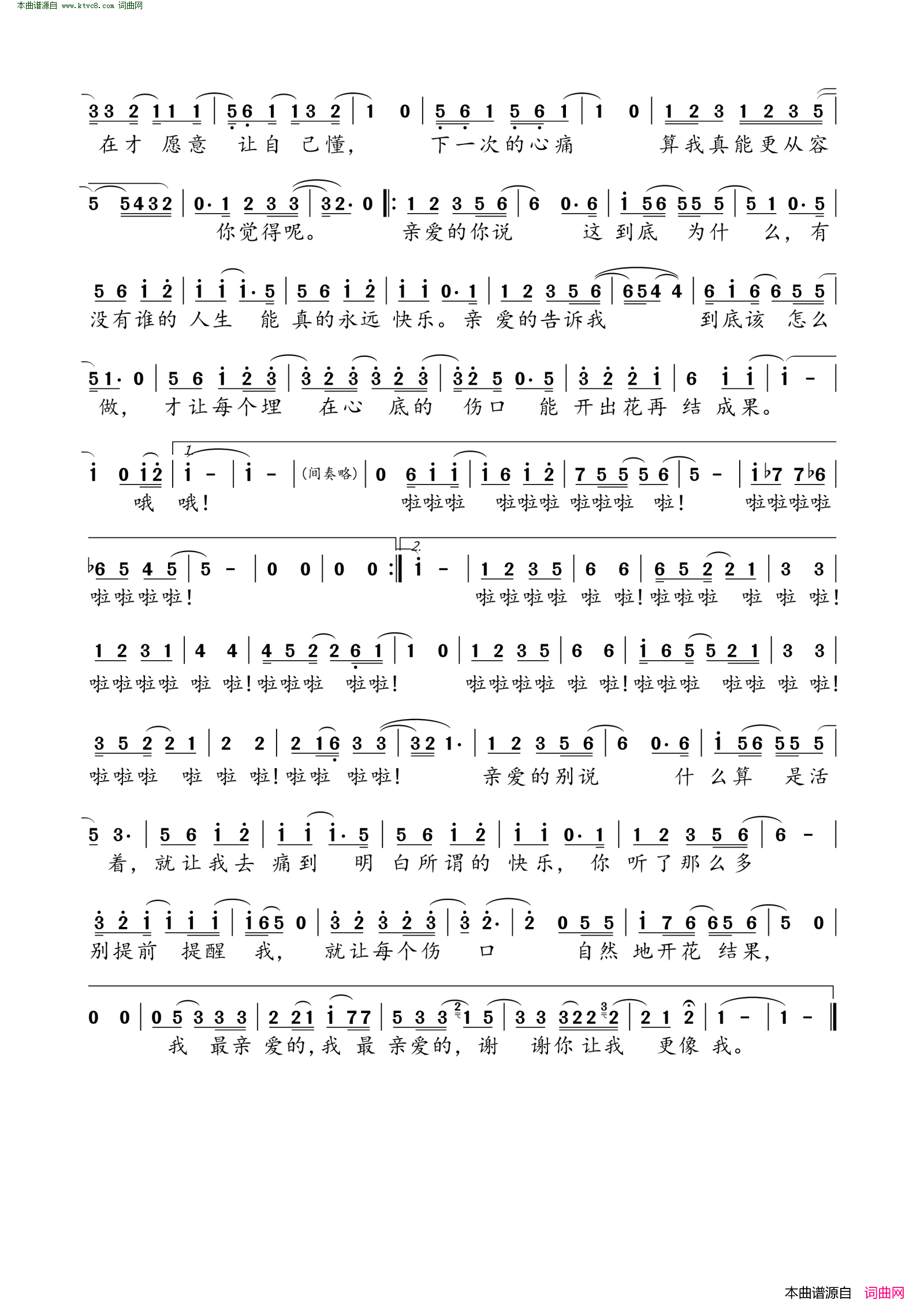亲爱的树洞简谱_S·H·E演唱_蓝小邪/丁世光词曲