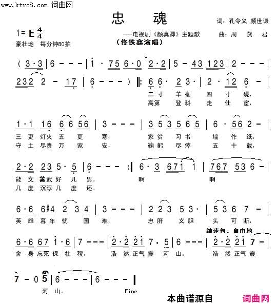 忠魂简谱_佟铁鑫演唱_孔令义/周燕君词曲