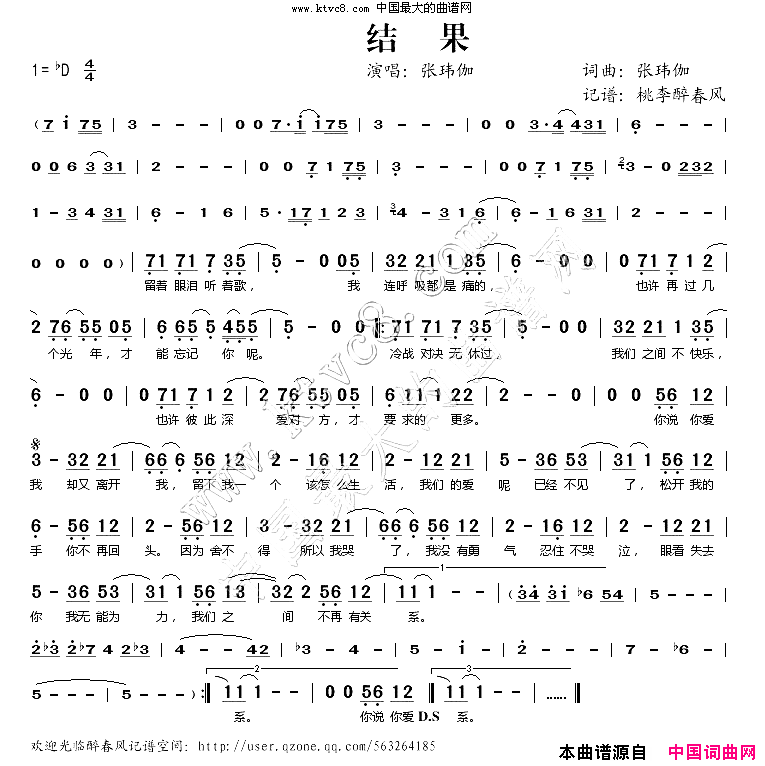 结果简谱_张玮伽演唱_张玮伽/张玮伽词曲