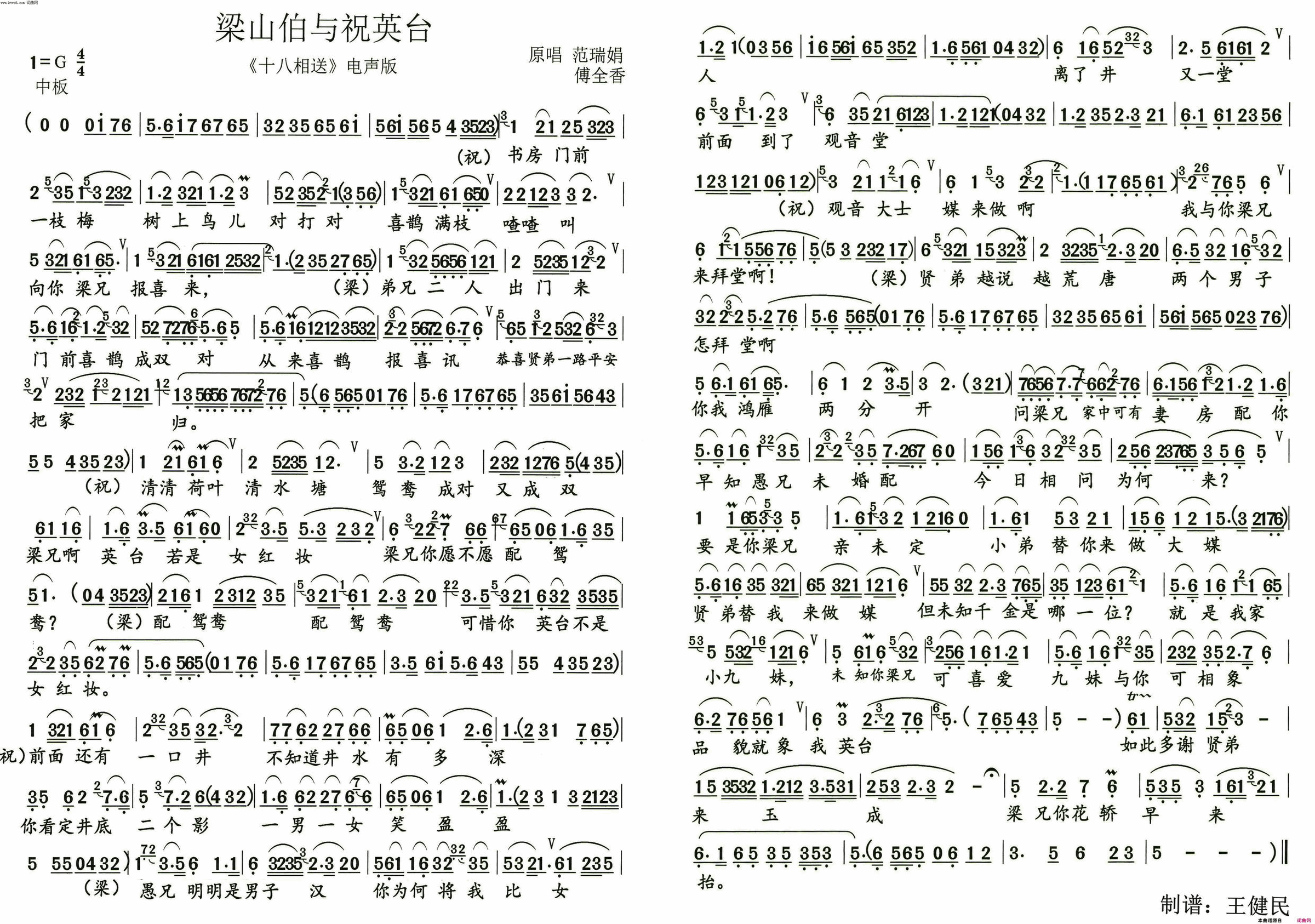 梁山伯与祝英台_十八相送_电声版简谱_范瑞娟演唱