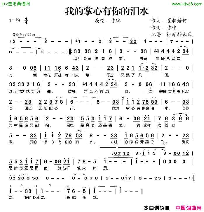 我的掌心有你的泪水简谱_陈瑞演唱_敢若何/陈伟词曲