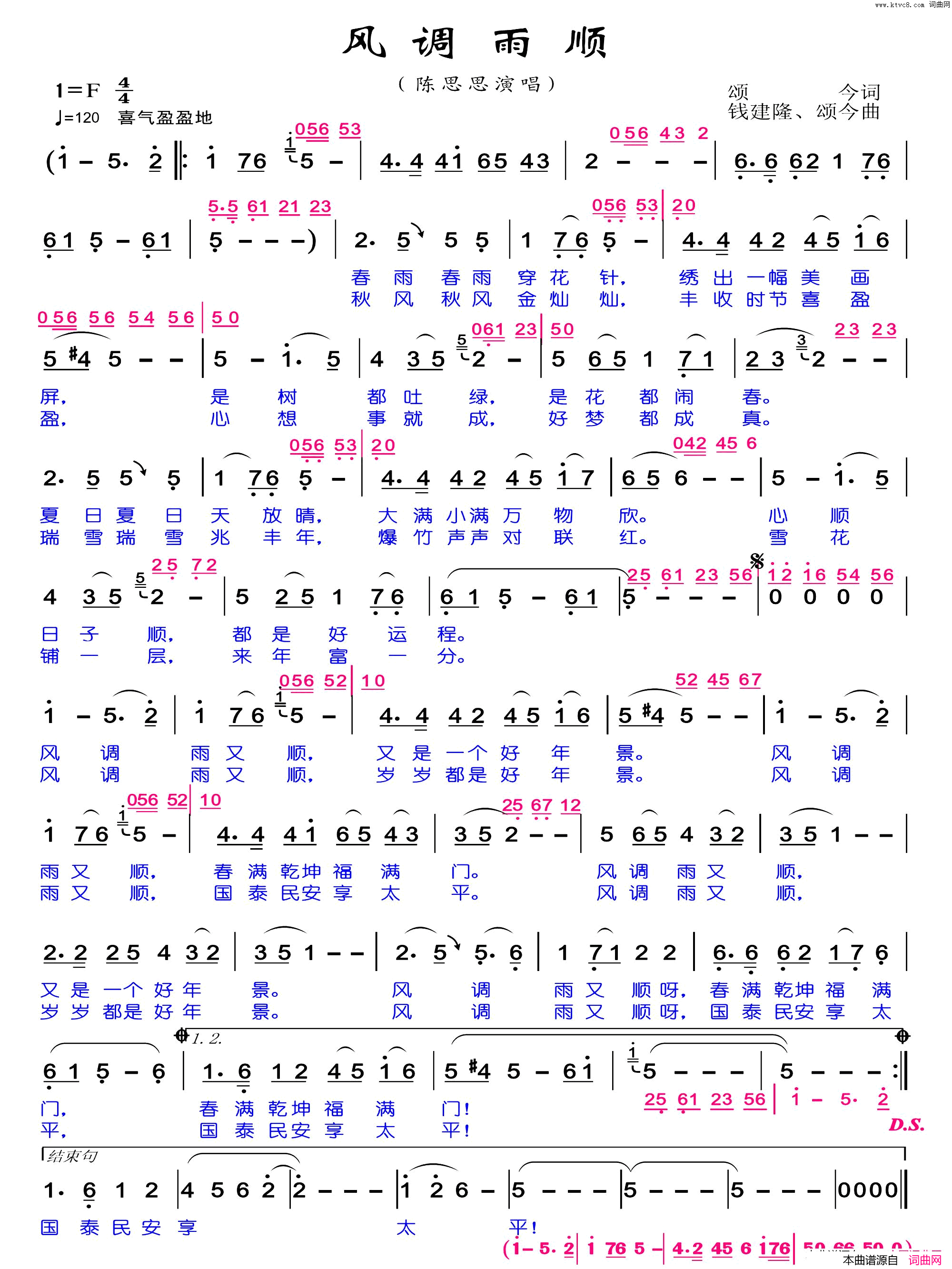 风调雨顺简谱_陈思思演唱_颂今/钱建隆、颂今词曲