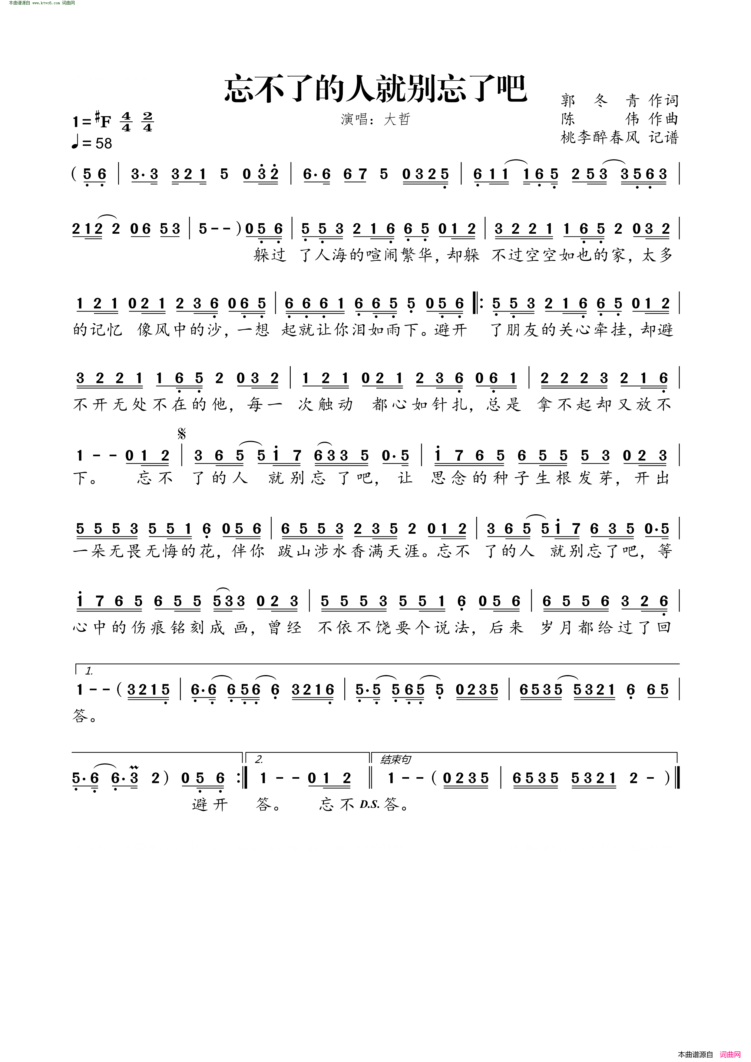 忘不了的人就别忘了吧简谱_大哲演唱_郭冬青/陈伟词曲