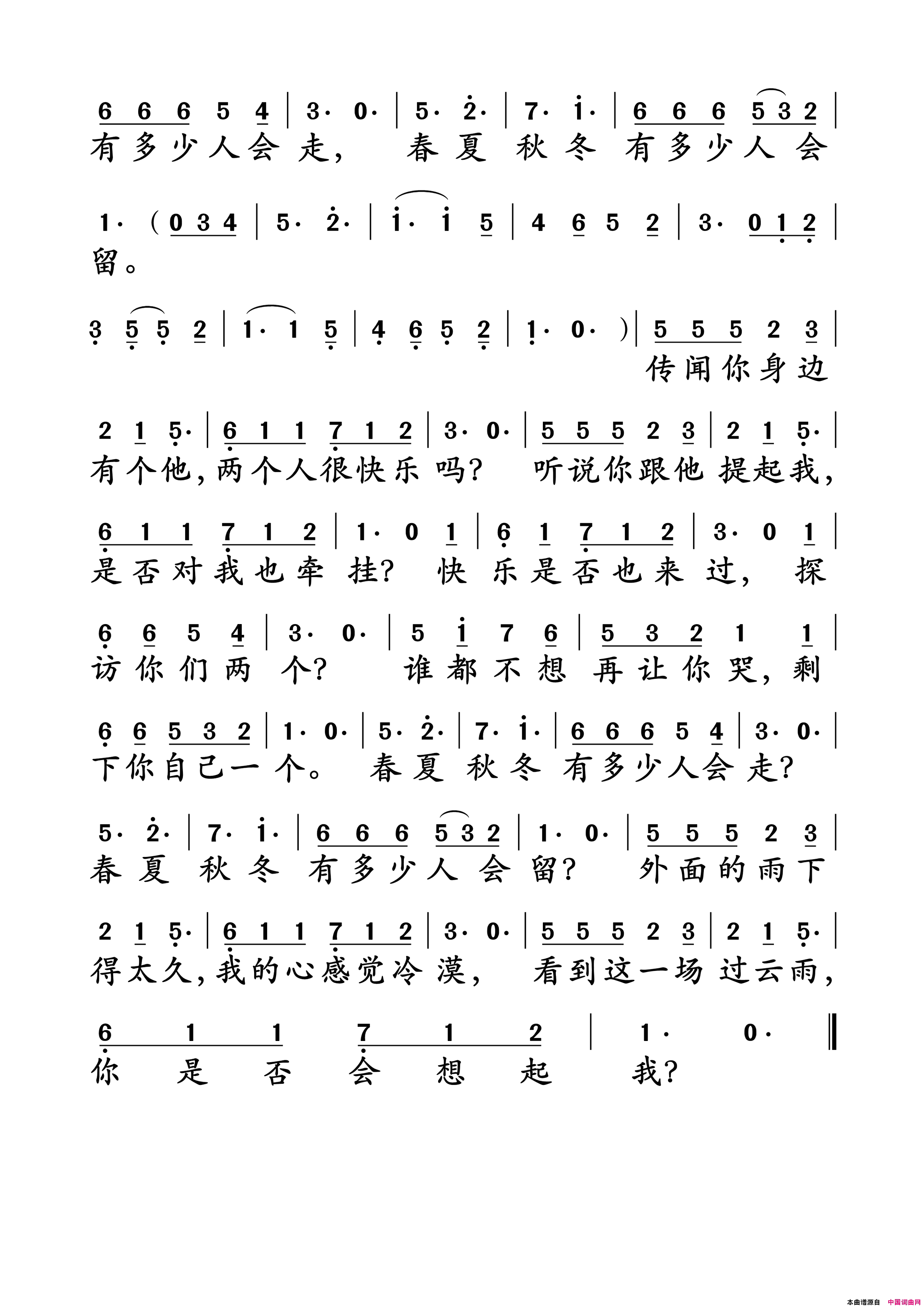 过云雨简谱_张敬轩演唱_伍仲衡/伍仲衡词曲