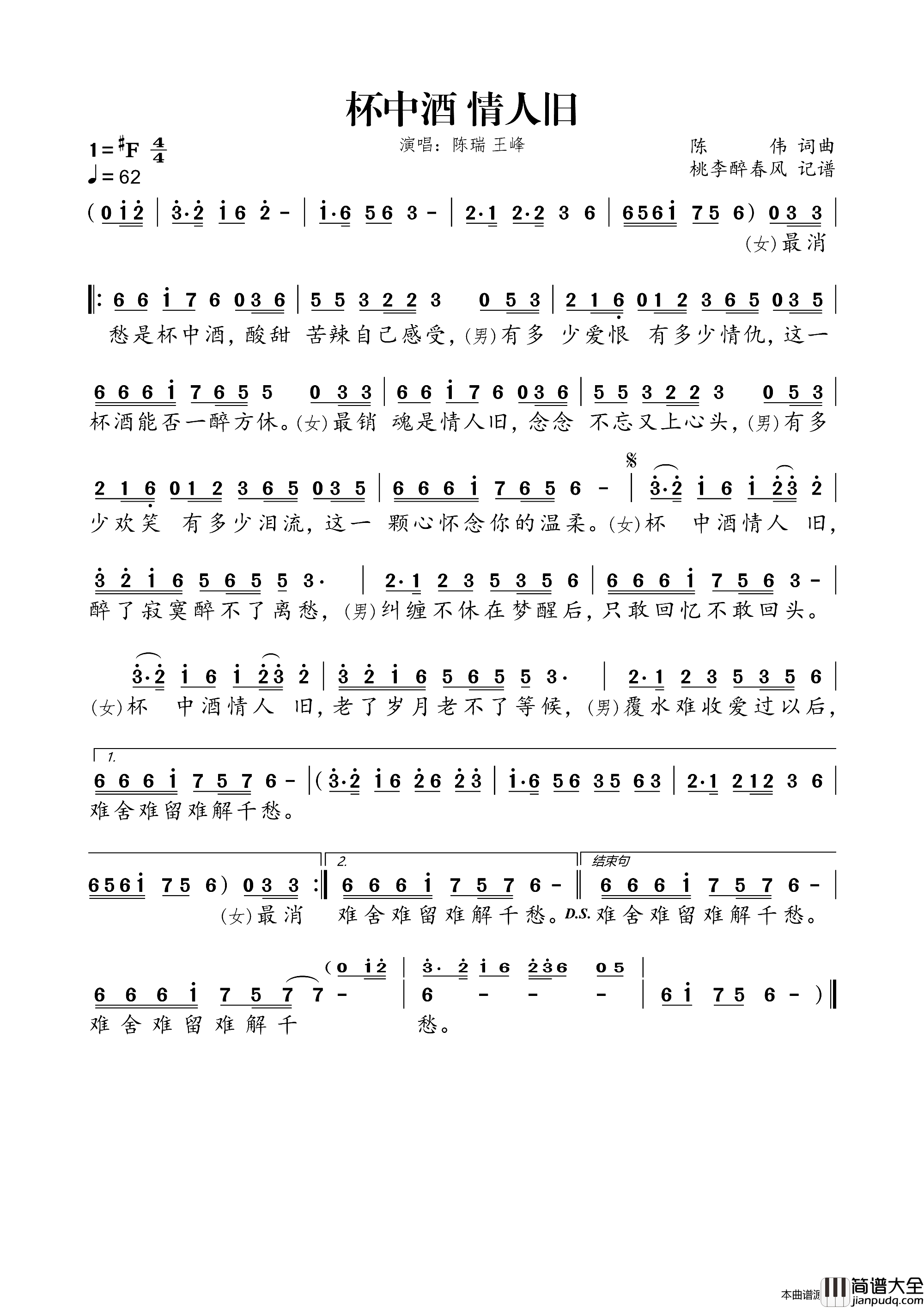 杯中酒情人旧简谱_陈瑞演唱_陈伟/陈伟词曲