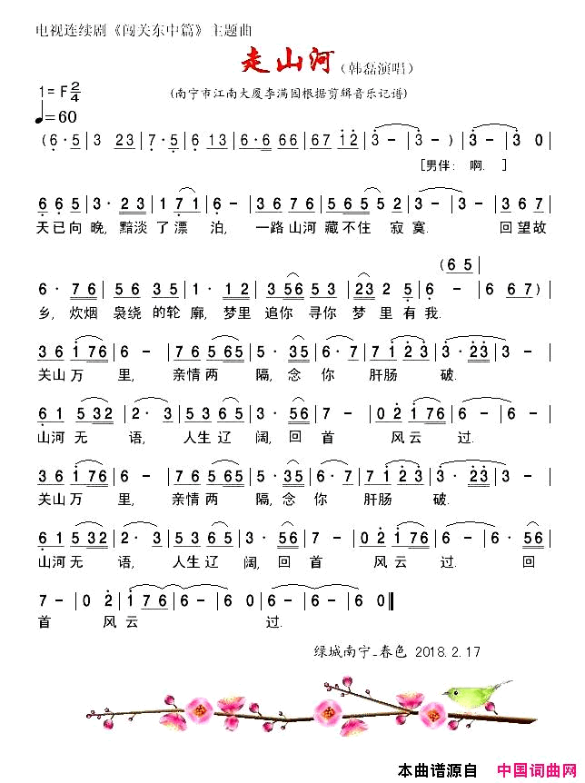 走山河电视连续剧_闯关东中篇_主题曲_简谱_韩磊演唱