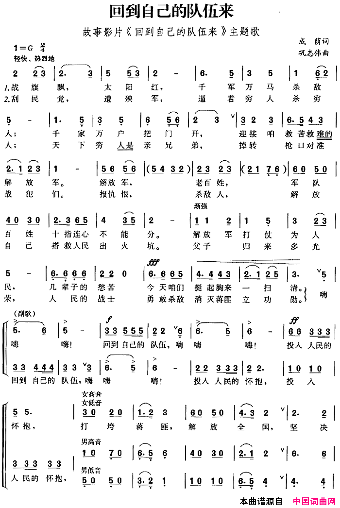 回到自己的队伍来故事影片_回到自己的队伍来_主题歌简谱
