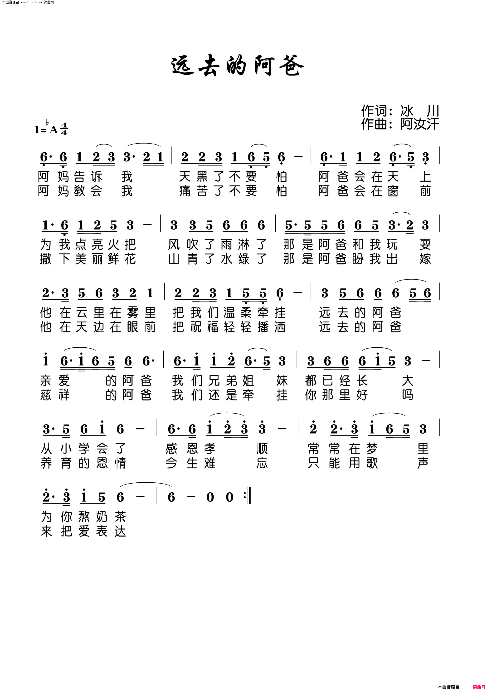 远去的阿爸简谱_尼格买提演唱_冰川/阿汝汗词曲