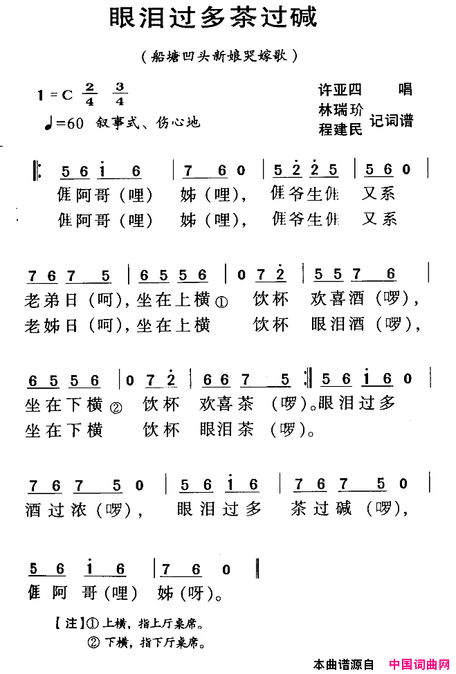 眼泪过多茶过碱简谱_许亚四演唱_河源民歌词曲