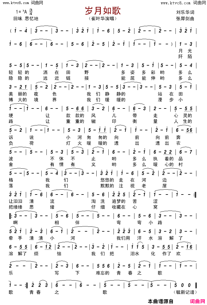 岁月如歌简谱_崔叶华演唱_刘乐华/张犀剑词曲