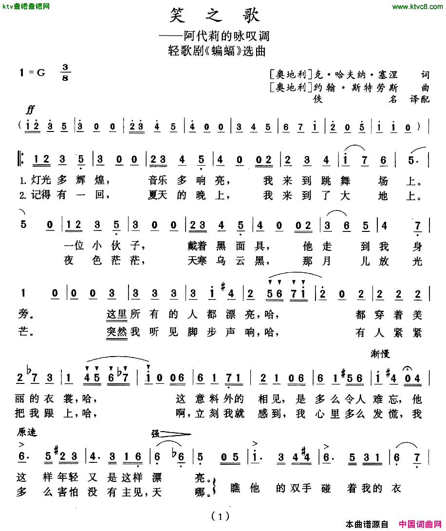 笑之歌轻歌剧_蝙蝠_选曲[奥]简谱