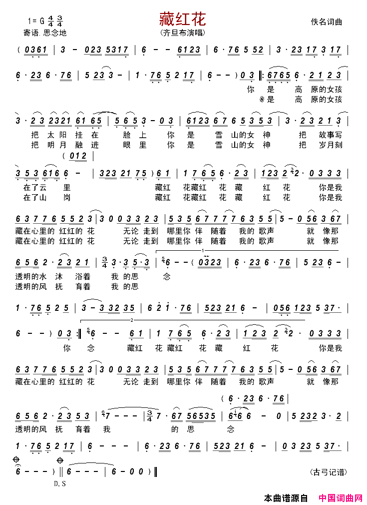 藏红花简谱_齐旦布演唱