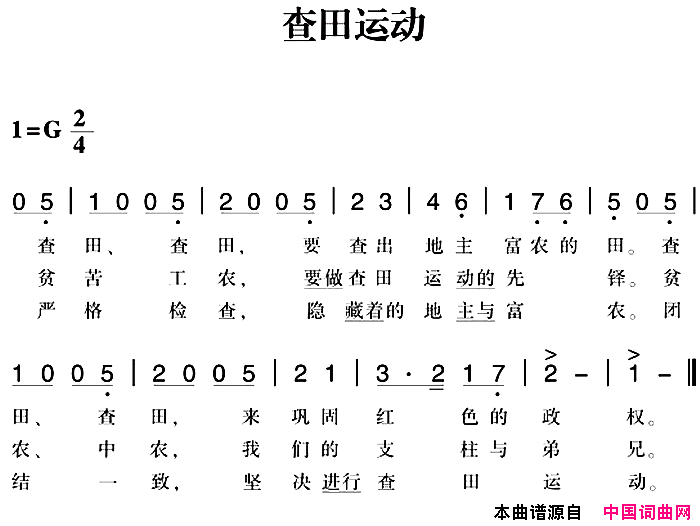 赣南闽西红色歌曲：查田运动简谱