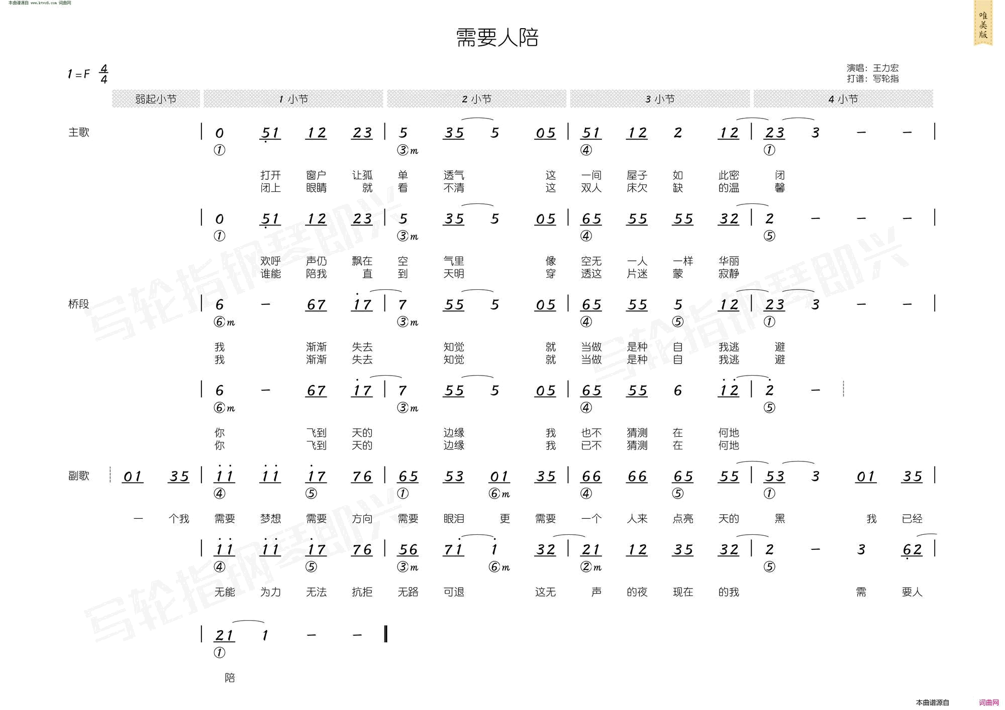 需要人陪简和谱简谱_王力宏演唱_王力宏/王力宏词曲