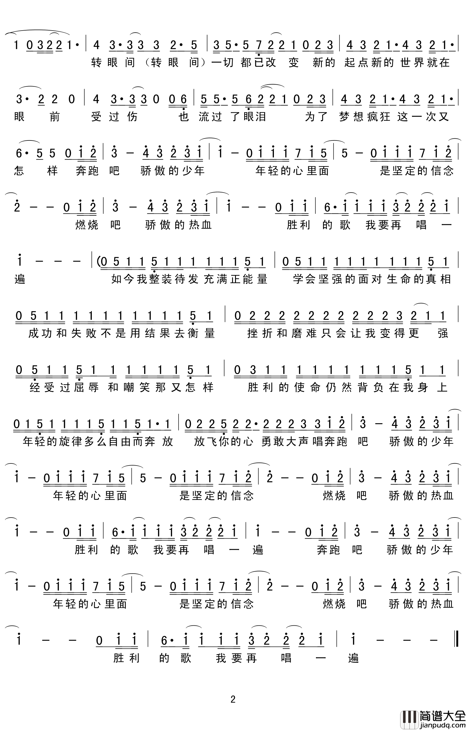 骄傲的少年简谱(歌词)_佚名演唱_小叶歌吉他扒谱曲谱