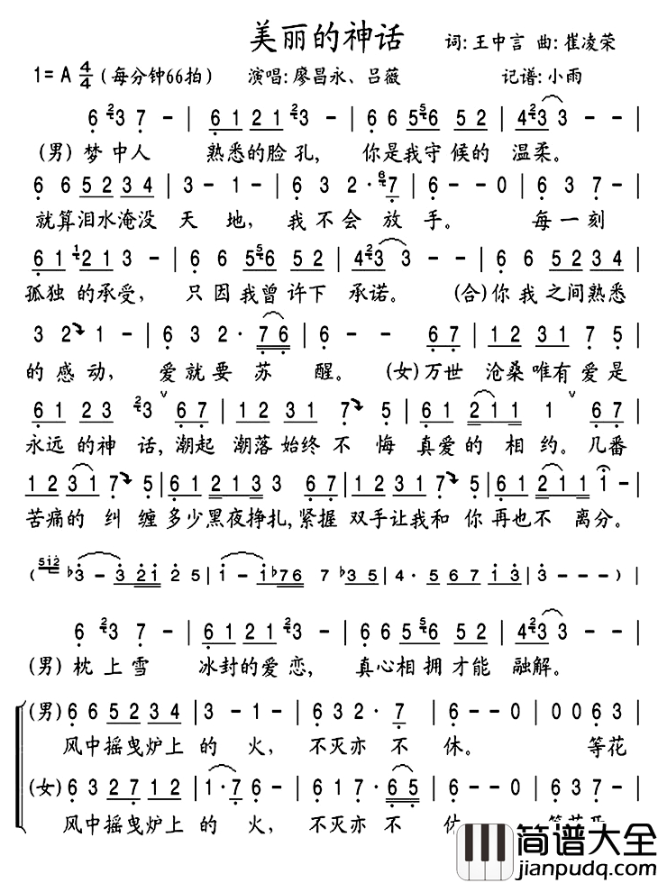 美丽的神话简谱__孙楠演唱