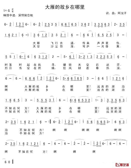 大雁的故乡在哪里简谱_阿汝汗词/阿汝汗曲玛希、苏亚、巴根那_