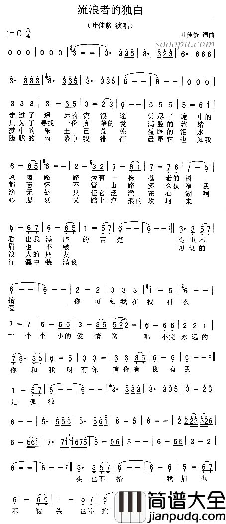 流浪者的独白简谱_叶佳修演唱