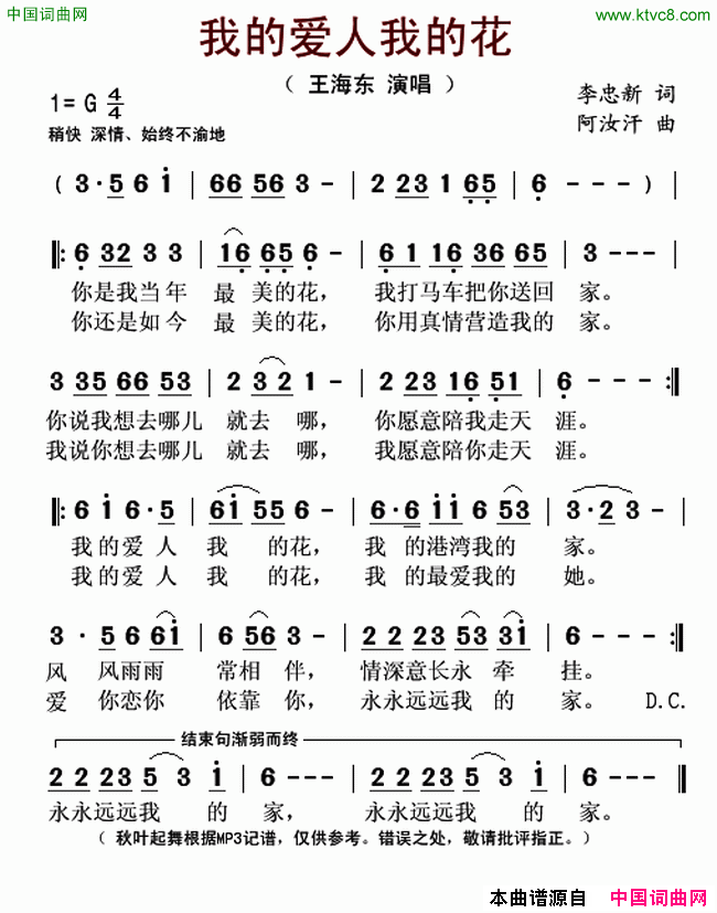 我的爱人我的花简谱_王海东演唱_李中新/阿汝汗词曲