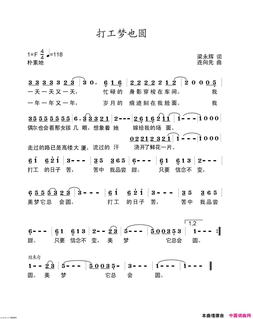 打工梦也圆简谱_王如华演唱_梁永辉/连向先词曲