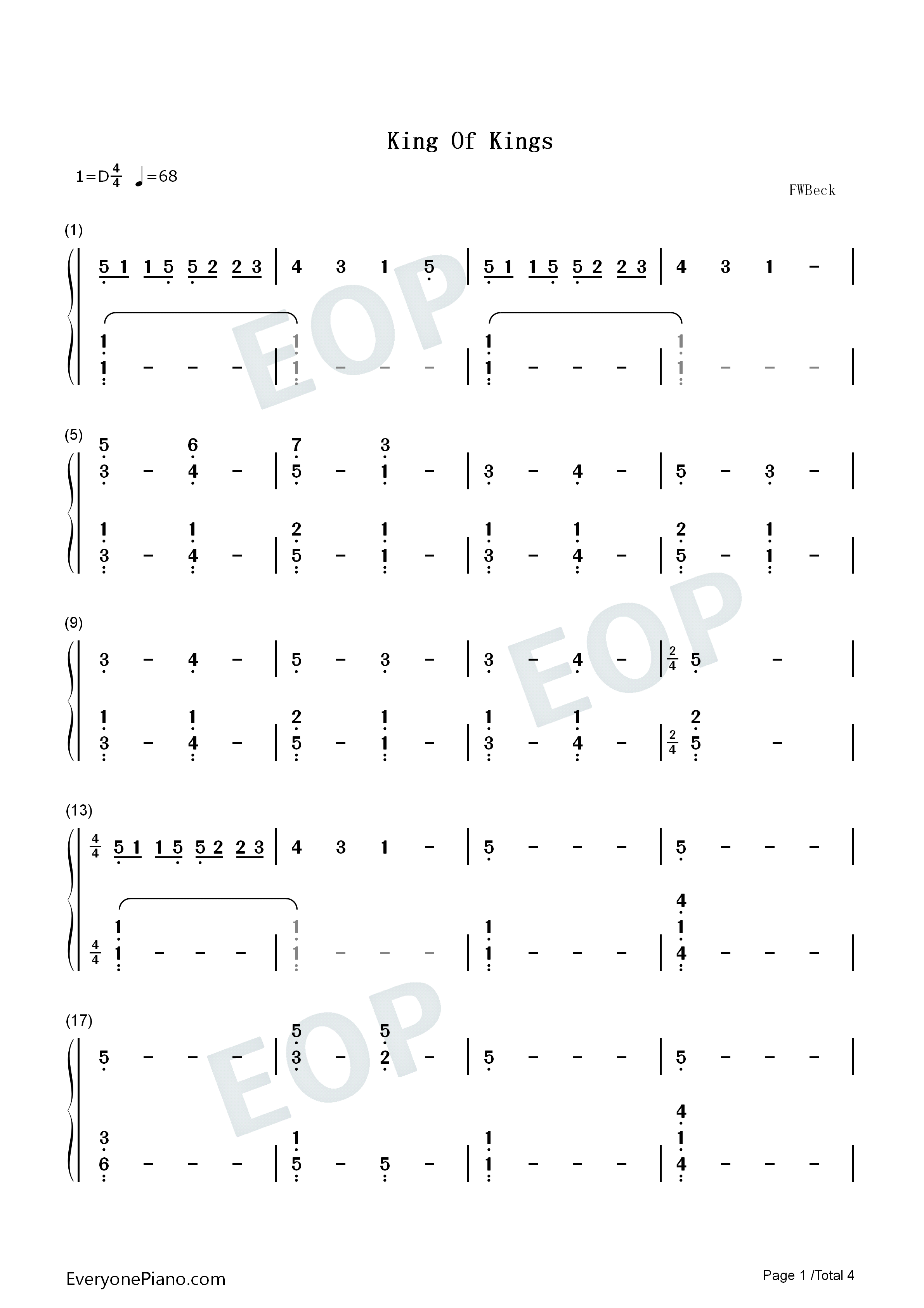 King_of_Kings钢琴简谱_Hillsong_Worship演唱