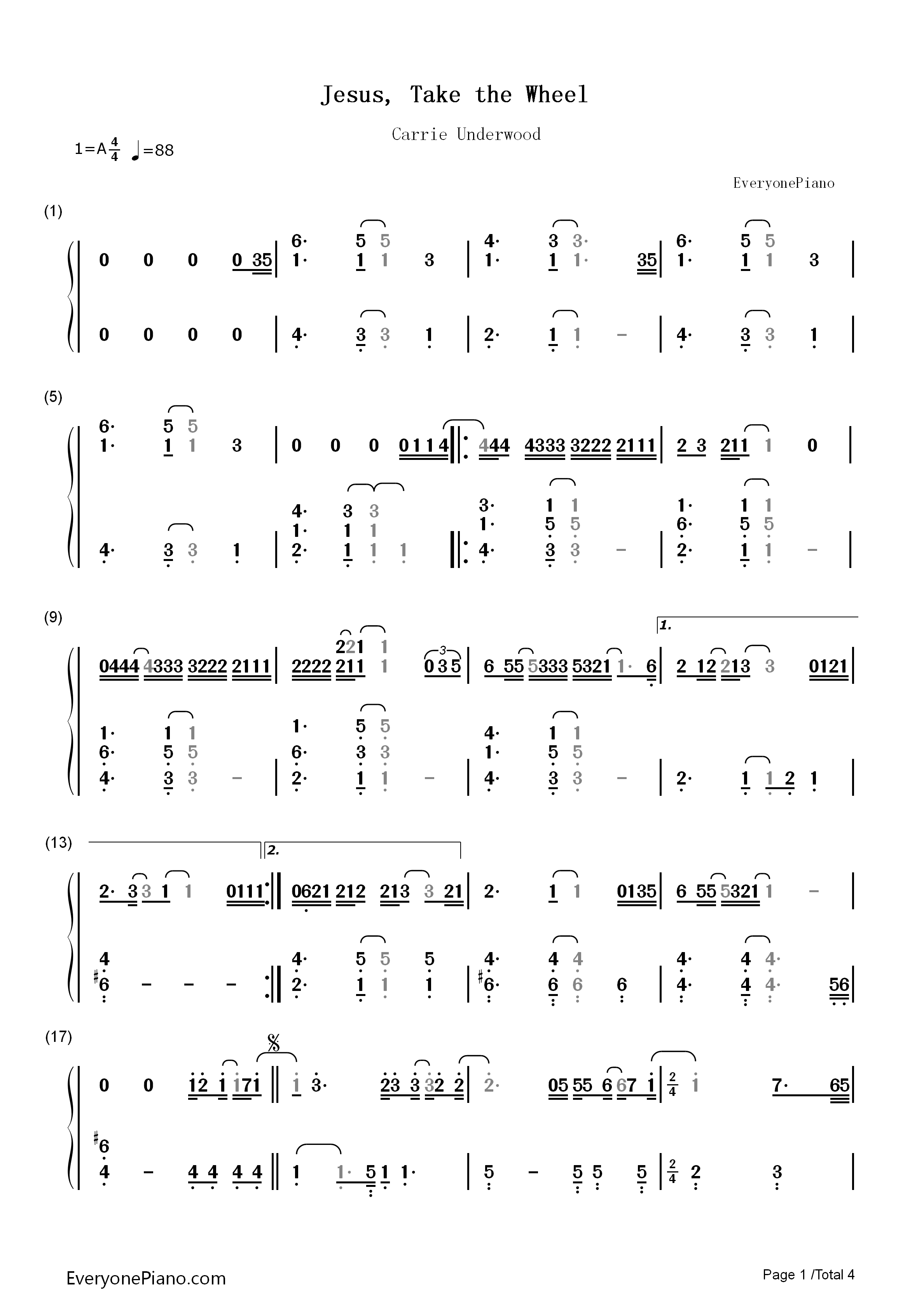 Jesus_Take_the_Wheel钢琴简谱_Carrie_Underwood演唱