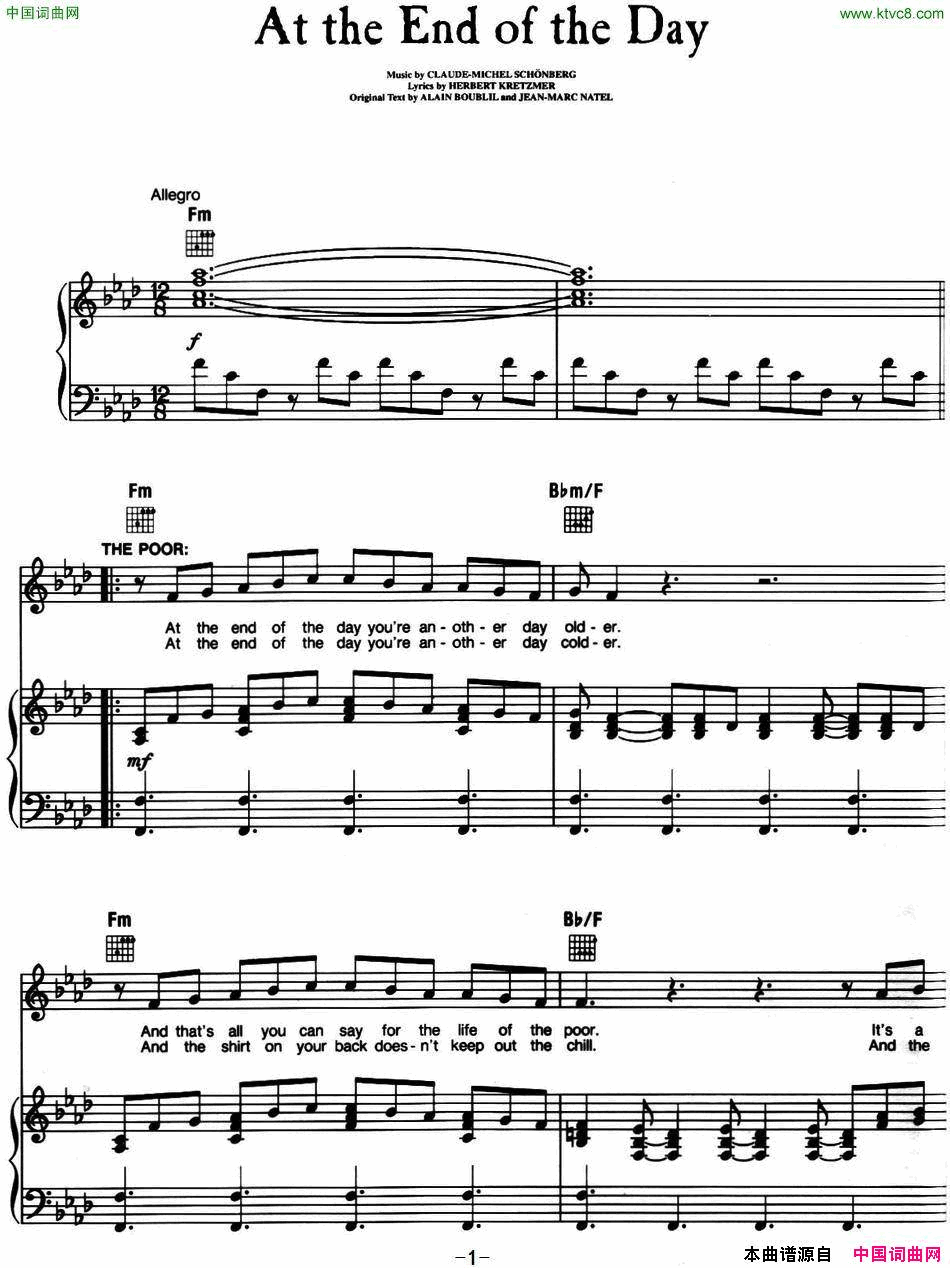 AttheEndoftheDay_音乐剧_悲惨世界_Les_Miserables选曲、正谱简谱