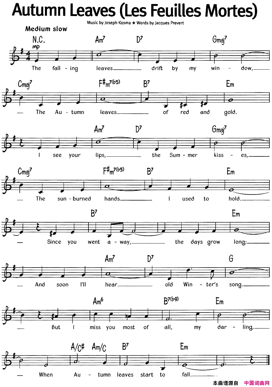蓝调音乐：AutumnLeavesLesFeuillesMortes蓝调音乐：Autumn_LeavesLes_Feuilles_Mortes简谱