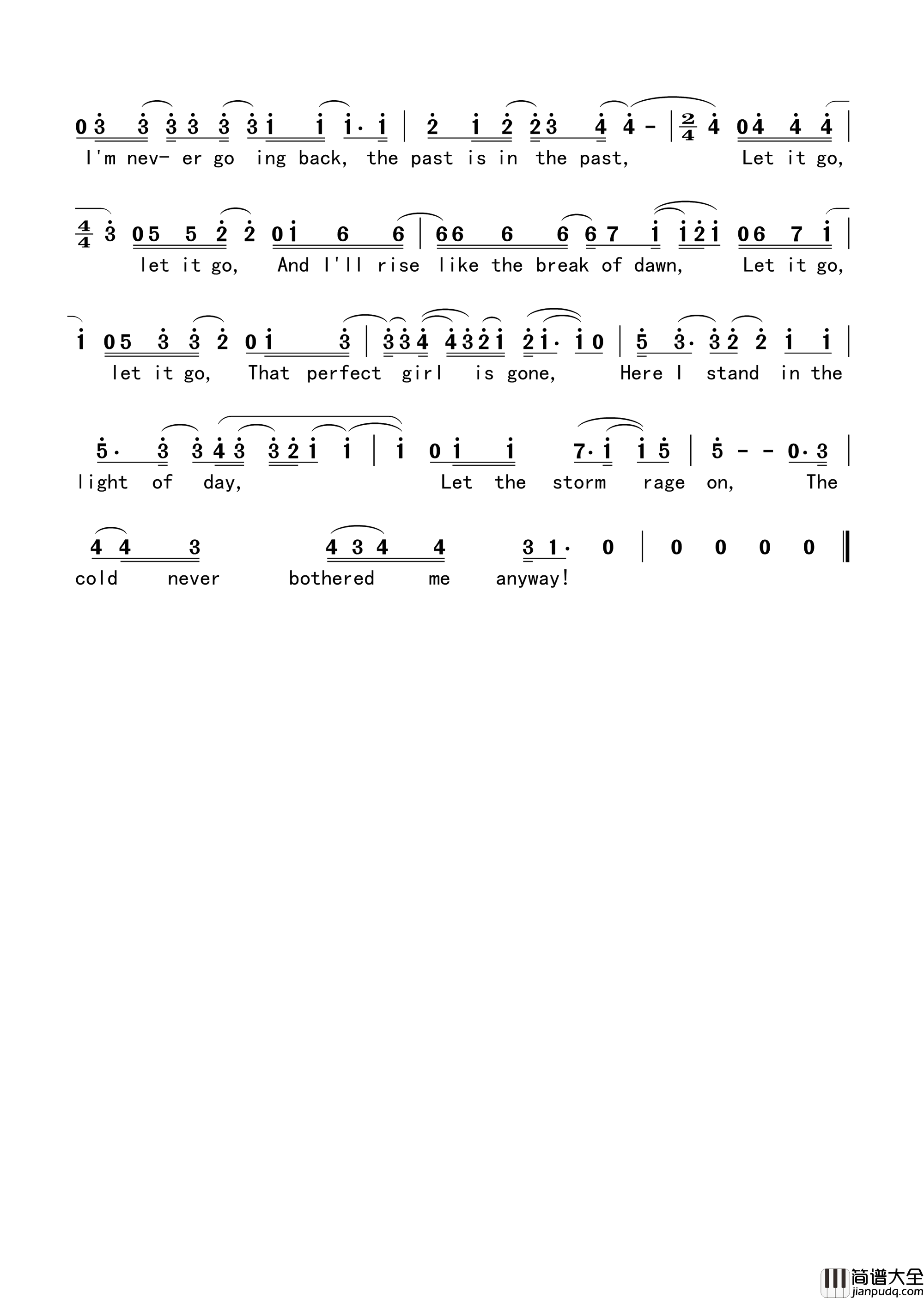 Letitgo简谱_Menzel演唱_RobertLopez/KristenAndersonLopezIdina词曲