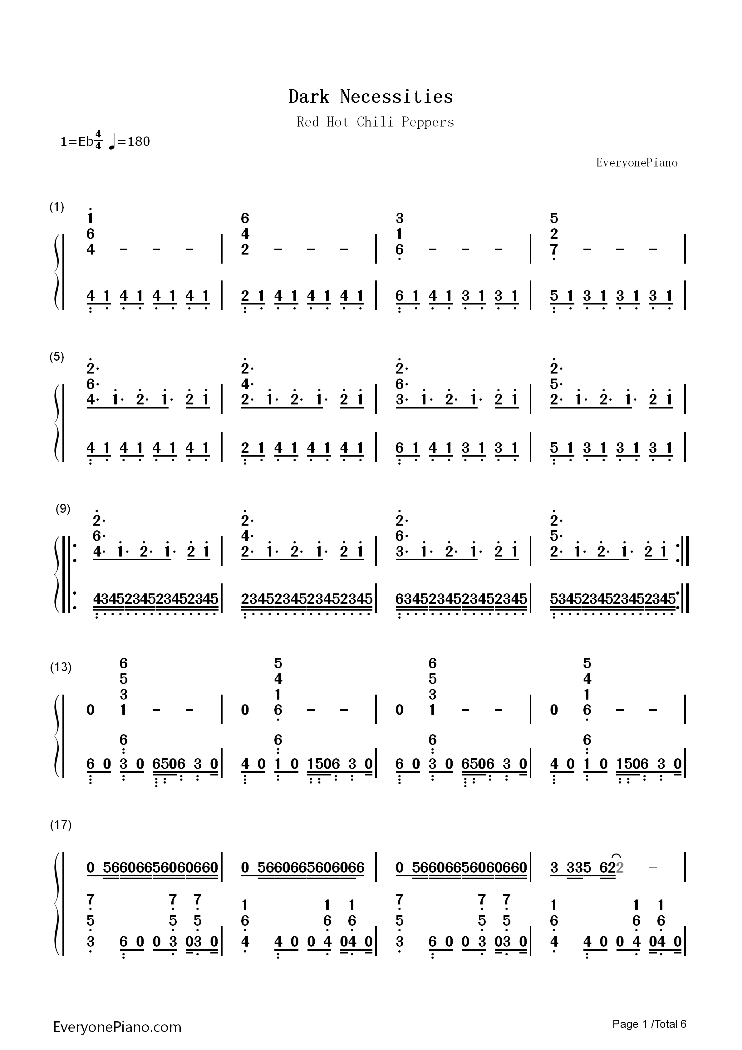 Dark_Necessities钢琴简谱_Red_Hot_Chili_Peppers演唱
