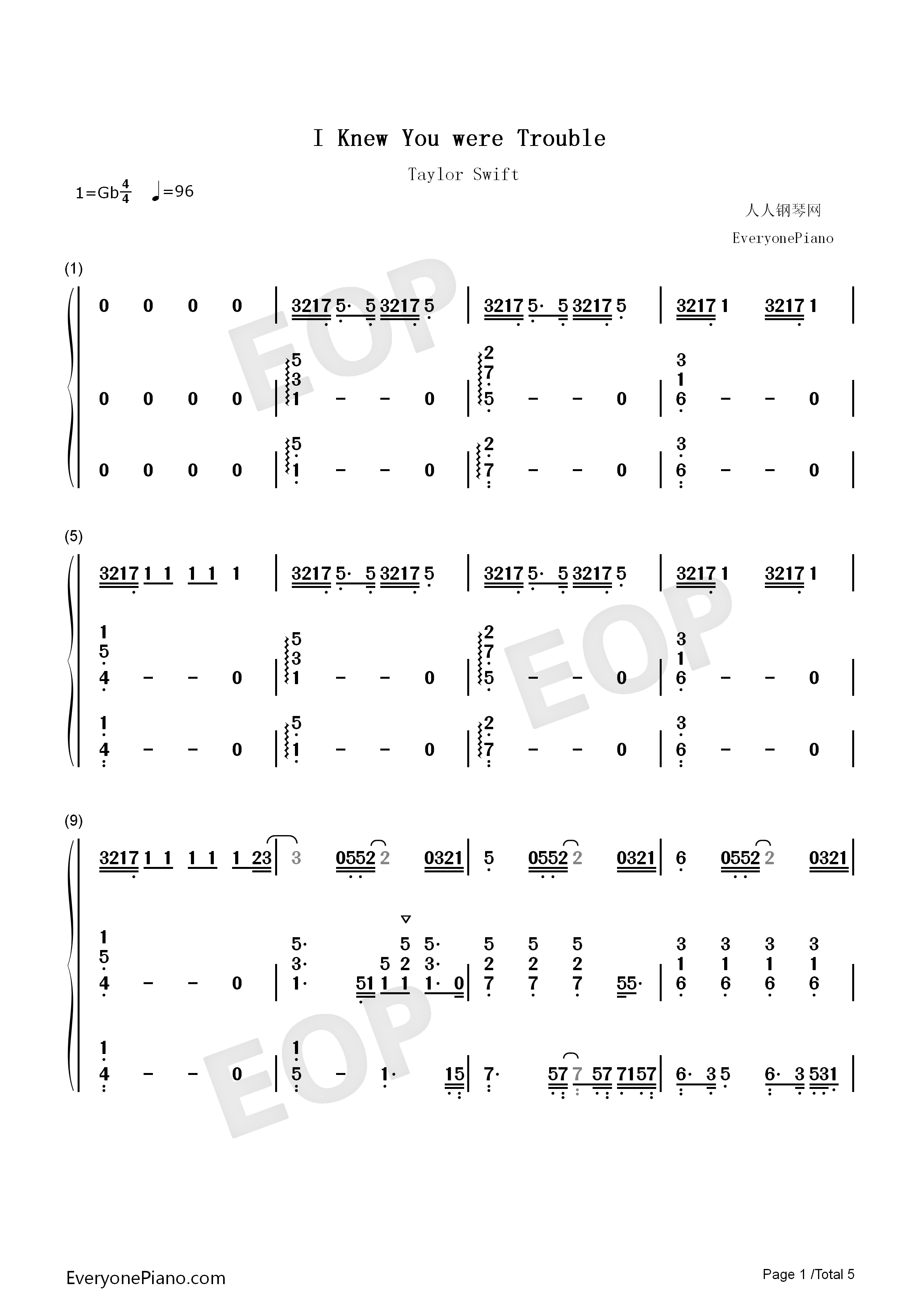 I_knew_you_were_trouble钢琴简谱_taylor_swift__泰勒·斯威夫特演唱