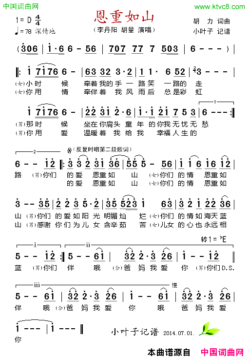 恩重如山胡力词曲简谱