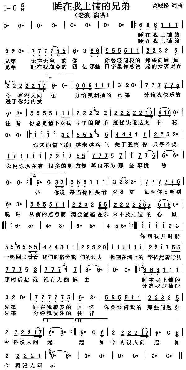 睡在我上铺的兄弟QQ:253791478简谱_老狼演唱