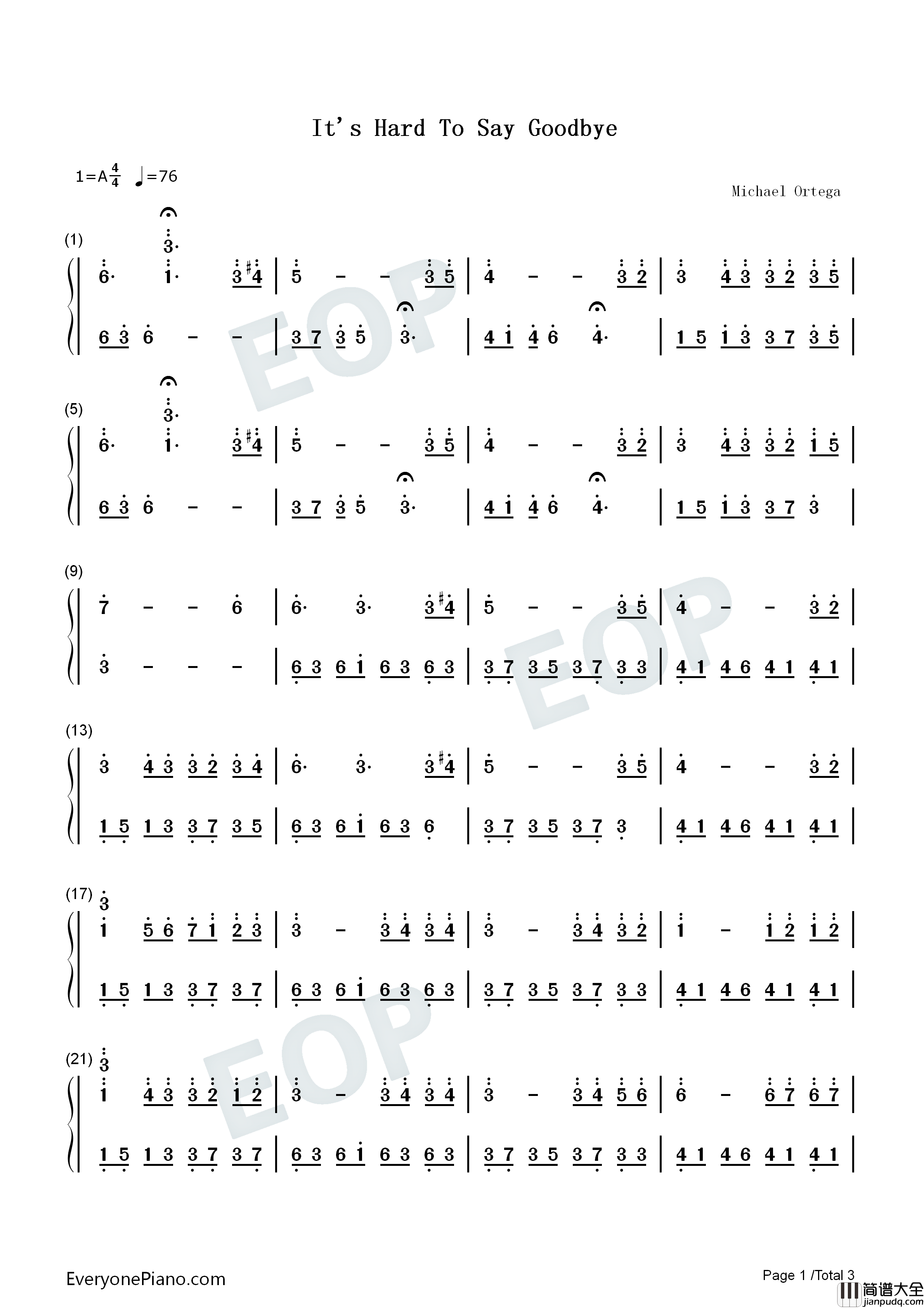 Its_Hard_To_Say_Goodbye钢琴简谱_Michael_Ortega演唱