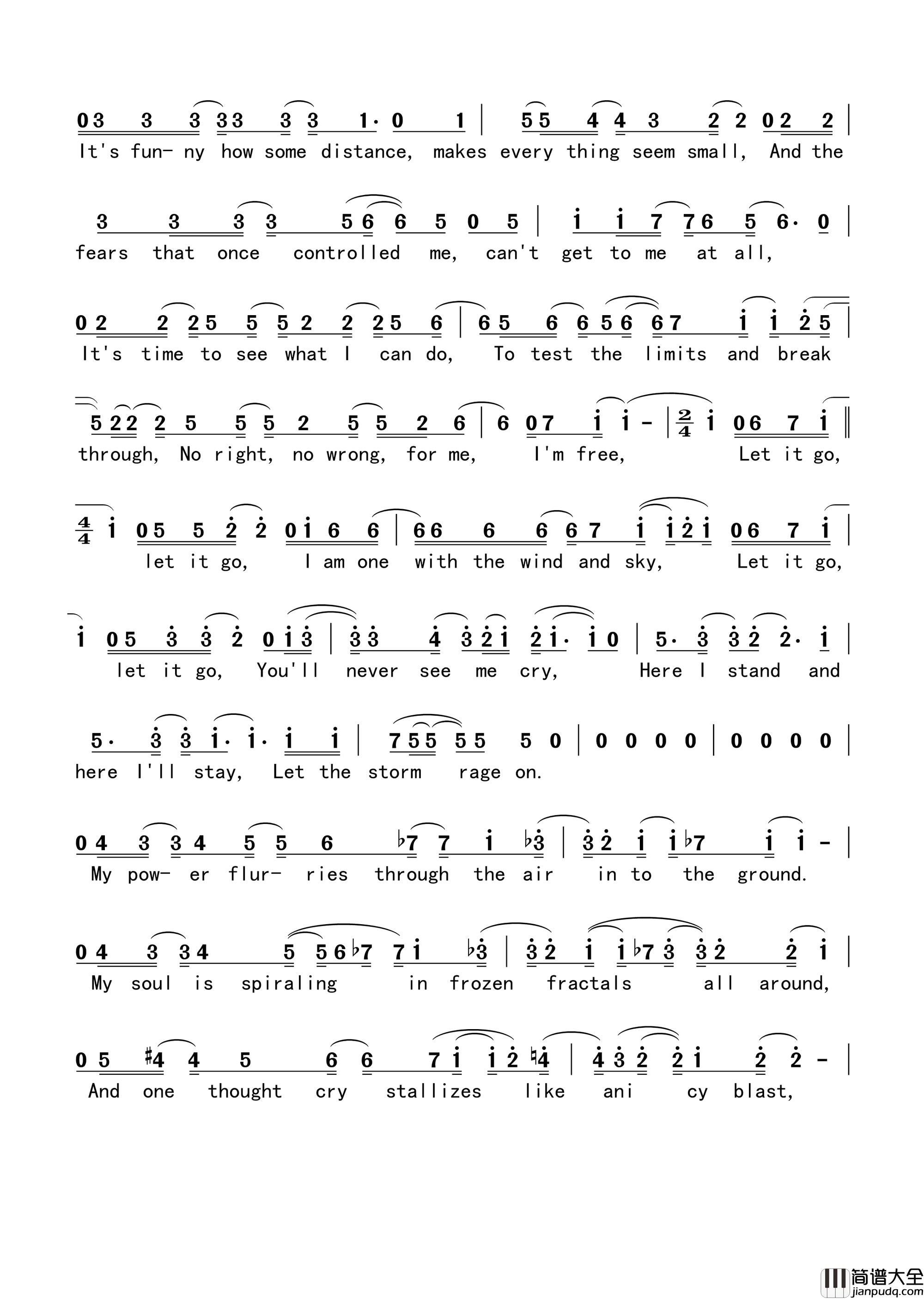 Letitgo简谱_Menzel演唱_RobertLopez/KristenAndersonLopezIdina词曲