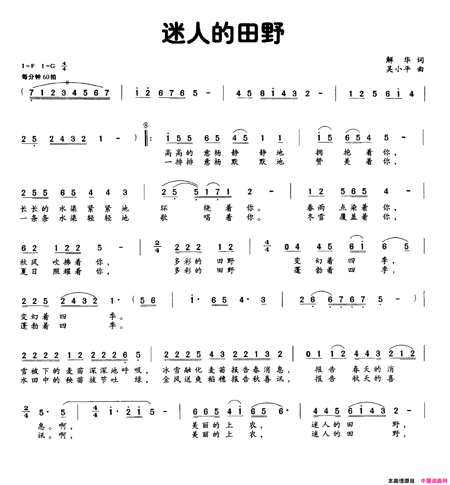 迷人的田野简谱