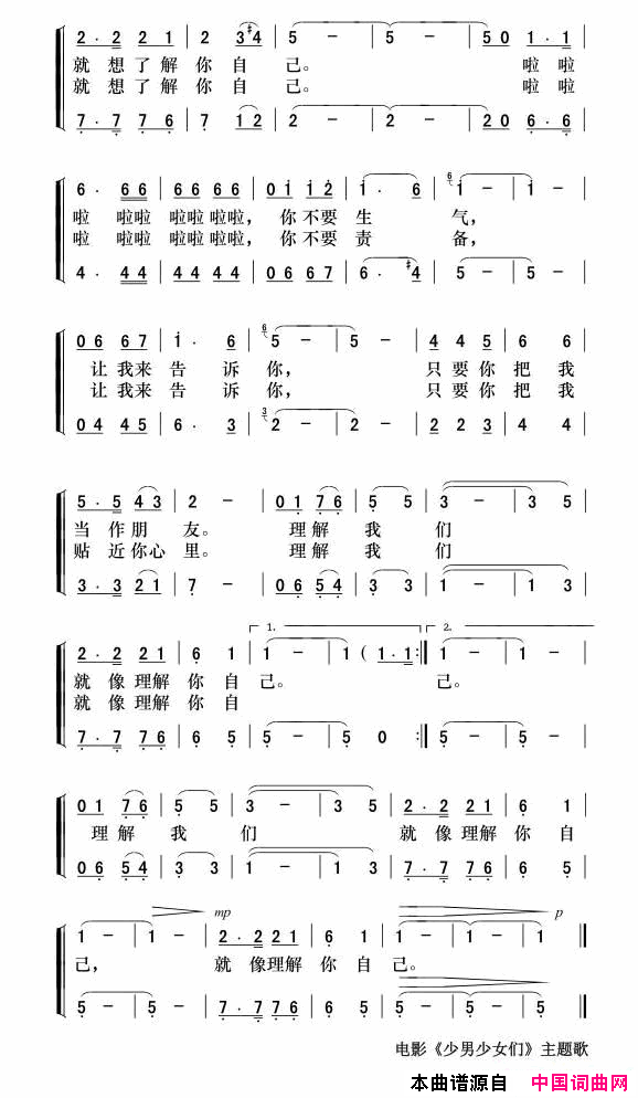 让我告诉您电影_少男少女们_主题歌简谱