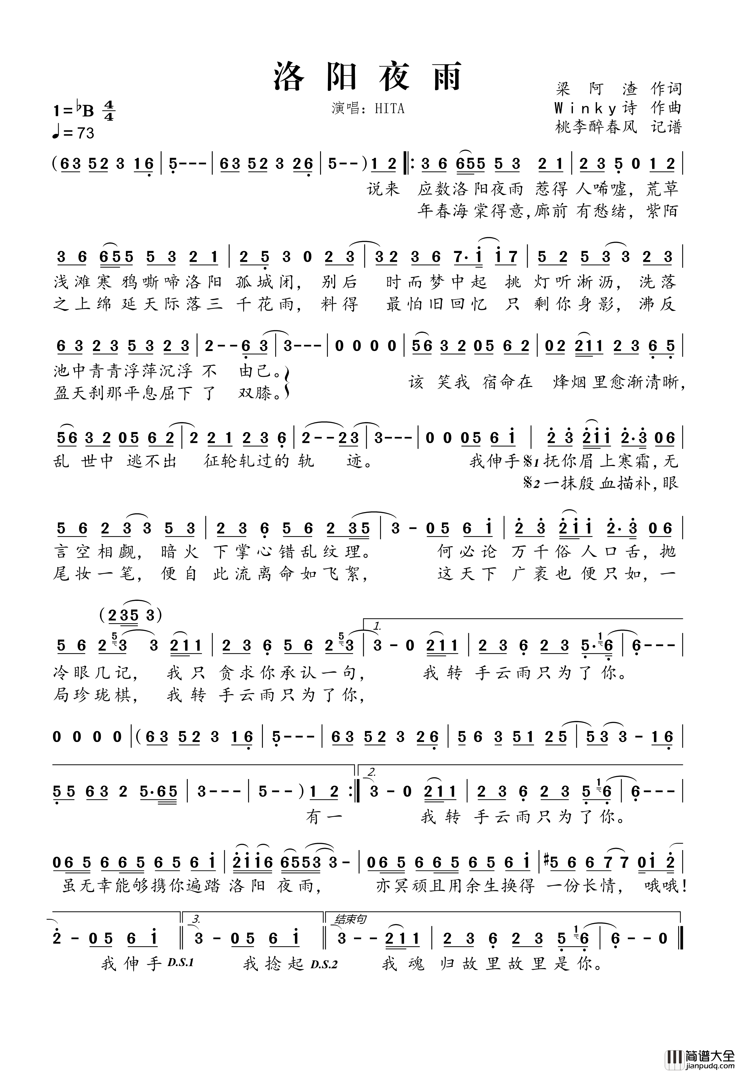 洛阳夜雨简谱_HITA演唱_桃李醉春风制谱