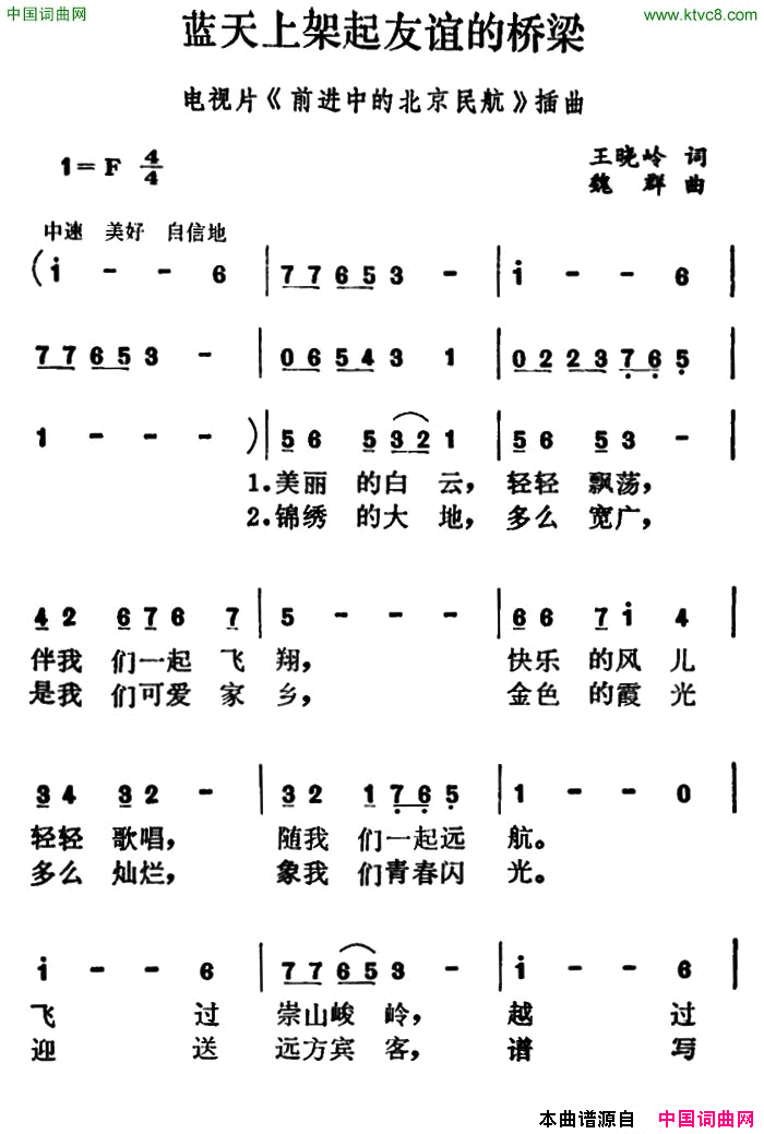 蓝天上架起友谊的桥梁电视片_前进中的北京民航_插曲简谱
