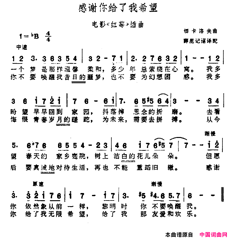 感谢你给了我希望【前苏联】电影_红莓_插曲简谱