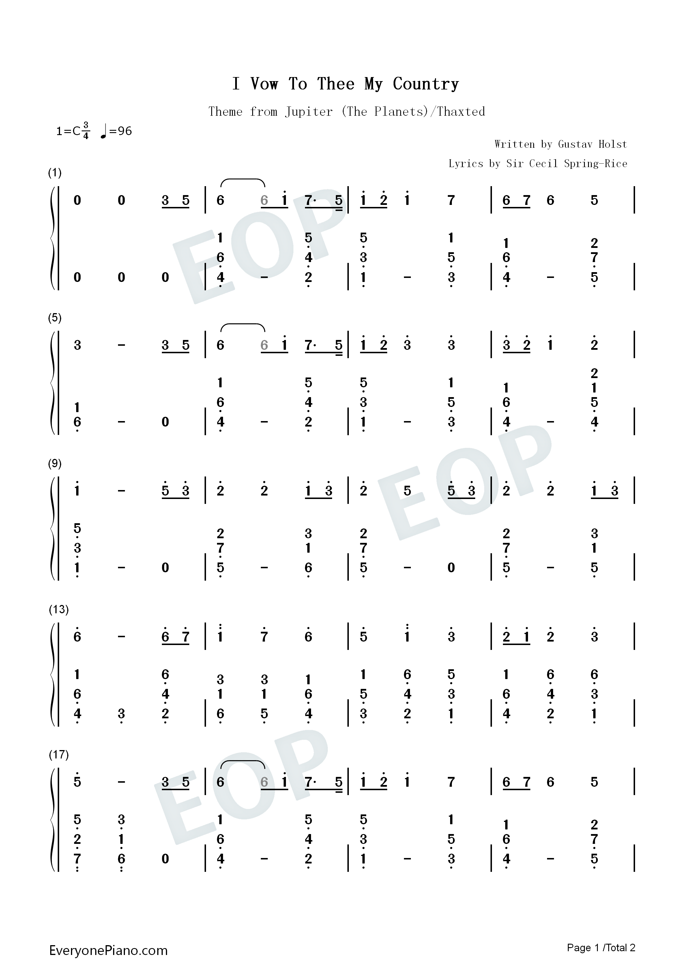 祖国我向你立誓钢琴简谱_Gustav_Holst演唱