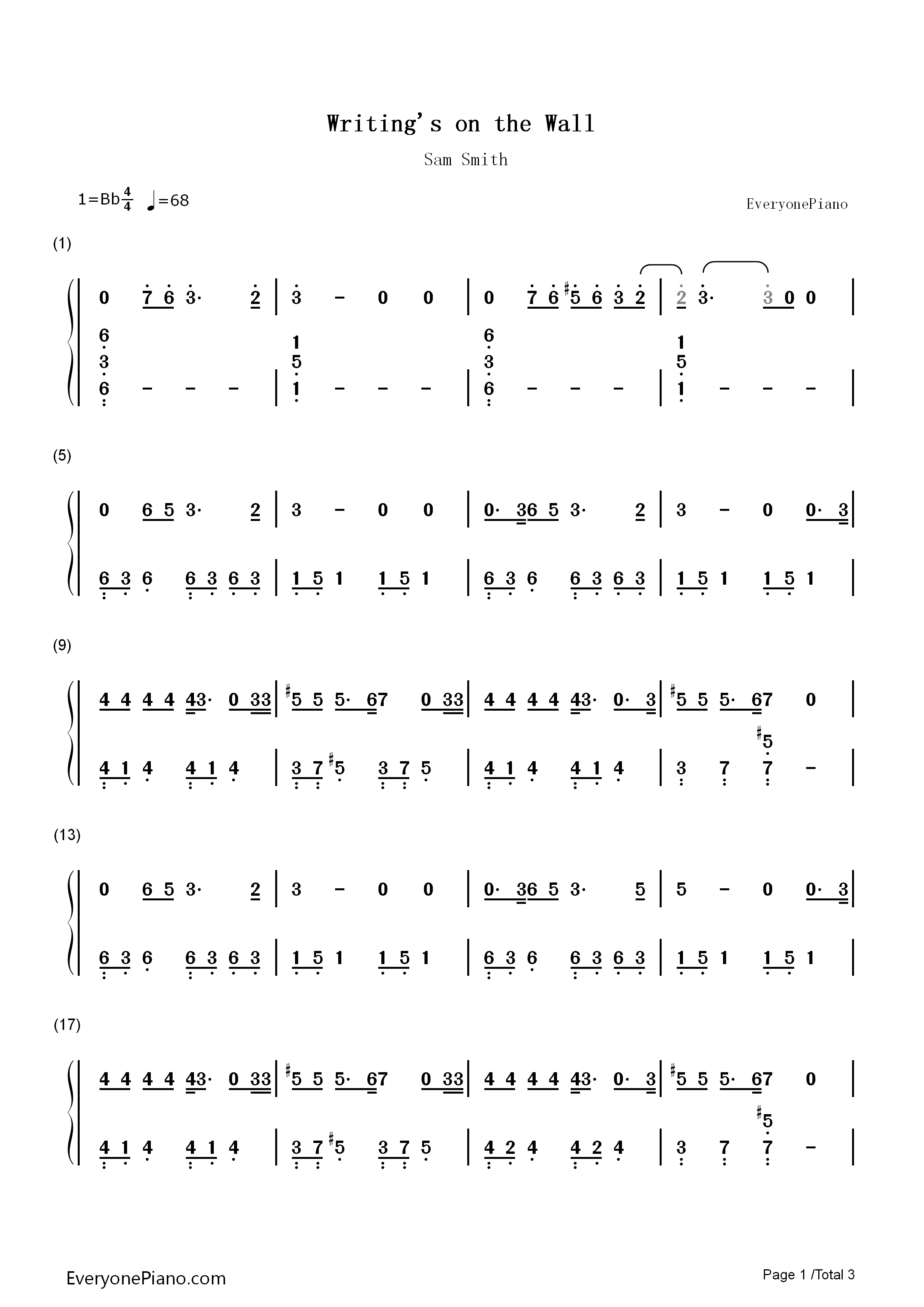 Writing's_on_the_Wall钢琴简谱_Sam_Smith演唱